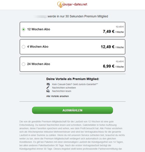 Screenshot der Cougar-Dates Preise
