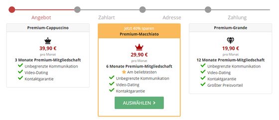 Screenshot der Dating Cafe Preise