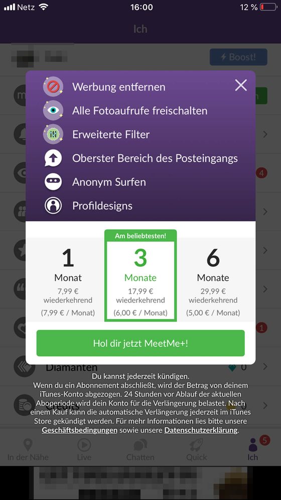Screenshot der MeetMe Preise