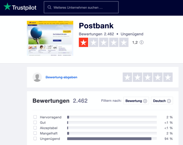 Bewertung Postbank Trustpilot